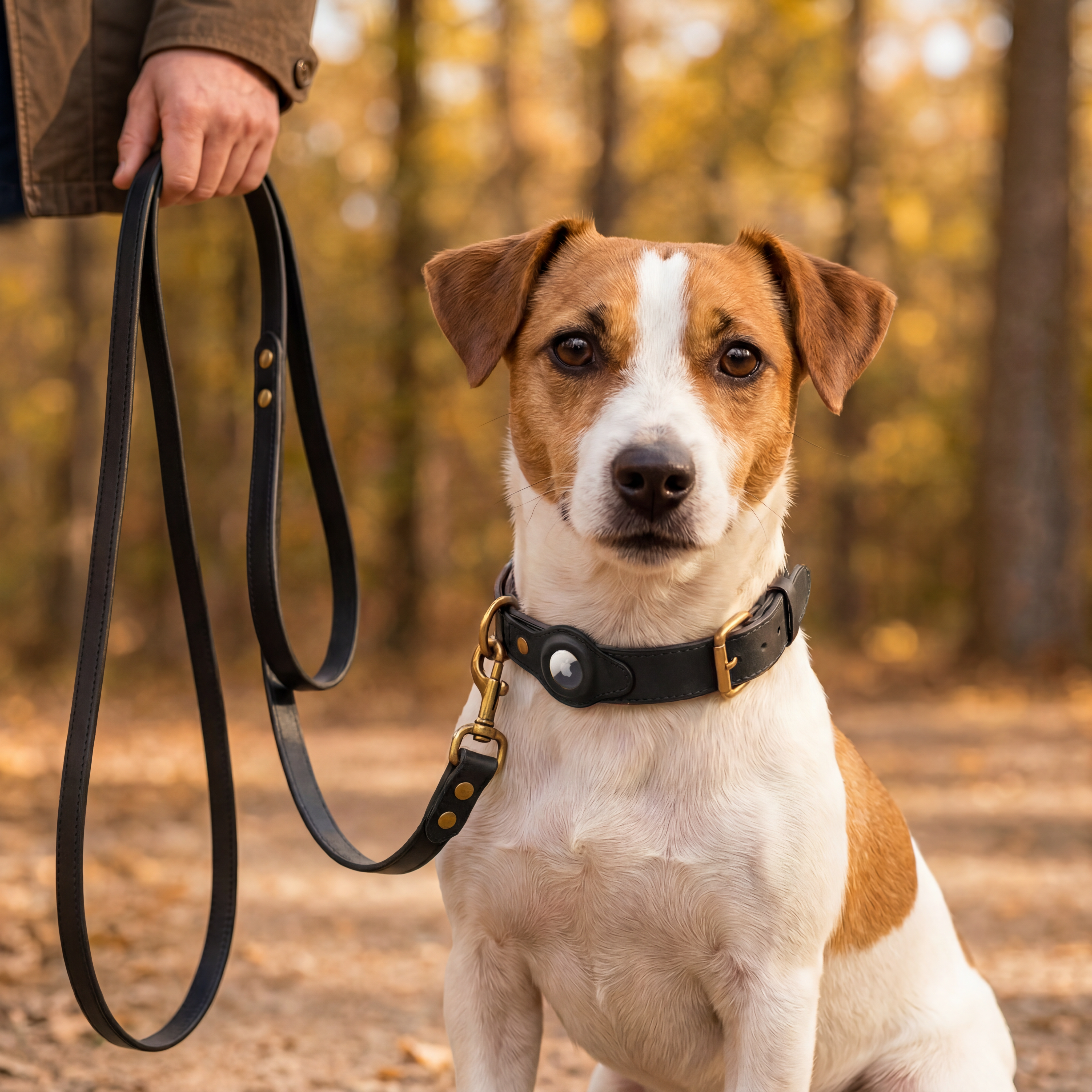 Luxury Leather Dog Collar and Leash with Airtag