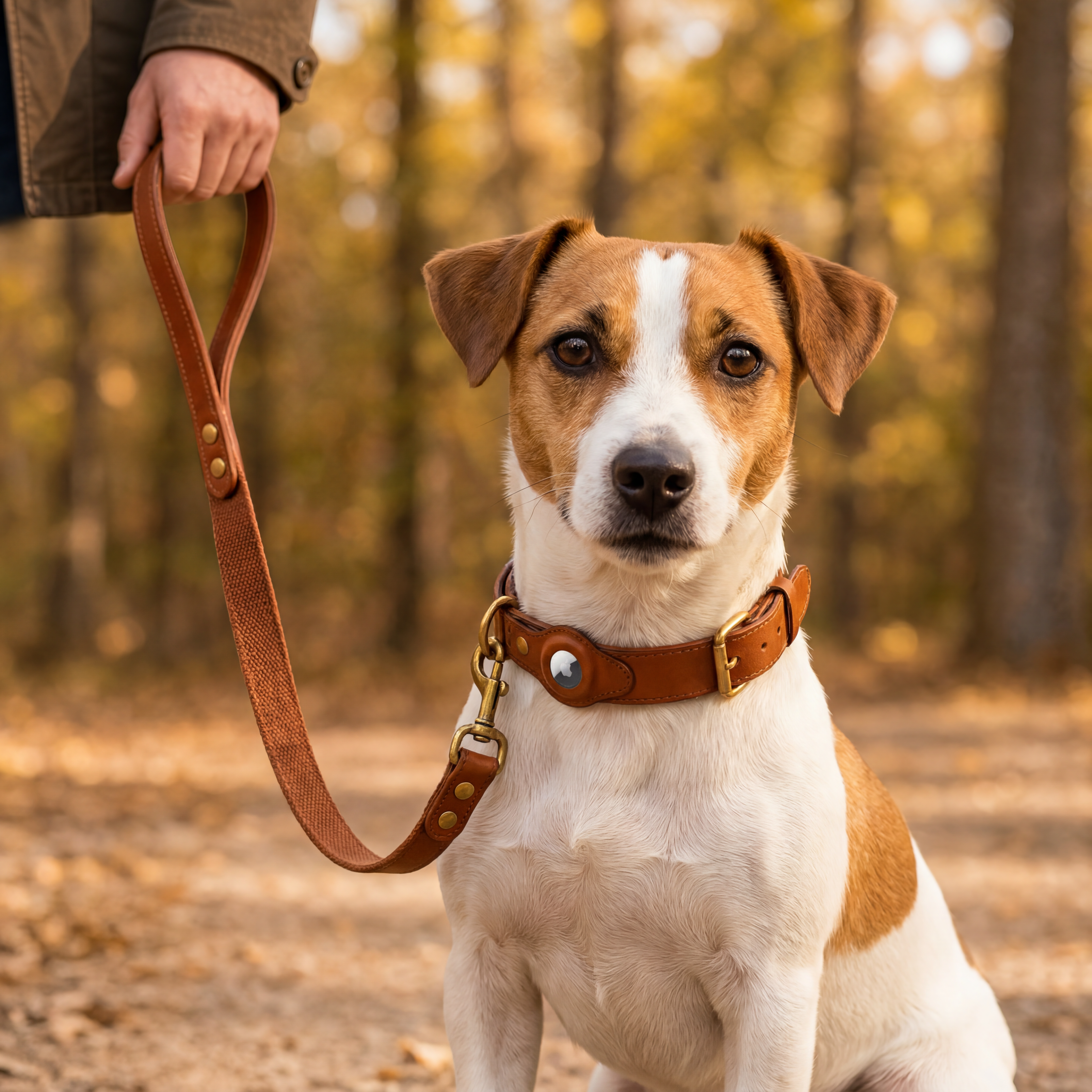 Luxury Leather Dog Collar and Leash with Airtag